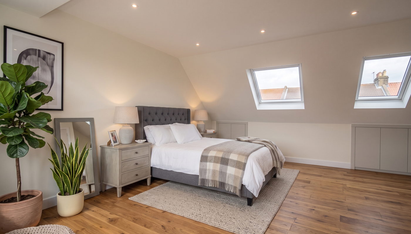 A completed loft conversion in use as a master bedroom, with a dormer window on one side, a roof window opposite and eaves storage along the low walls