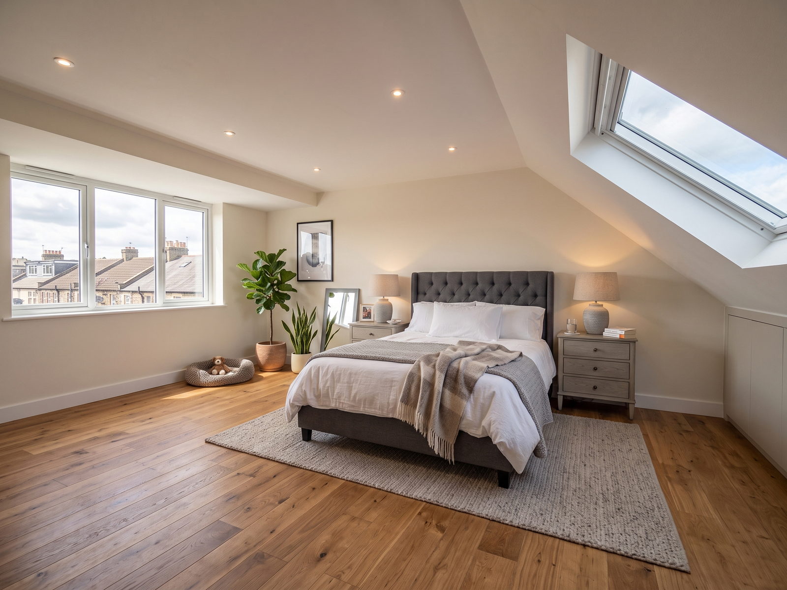 A finished loft conversion bedroom with roof windows, oak flooring and fitted eaves storage along the low wall, built by LD&C Homes