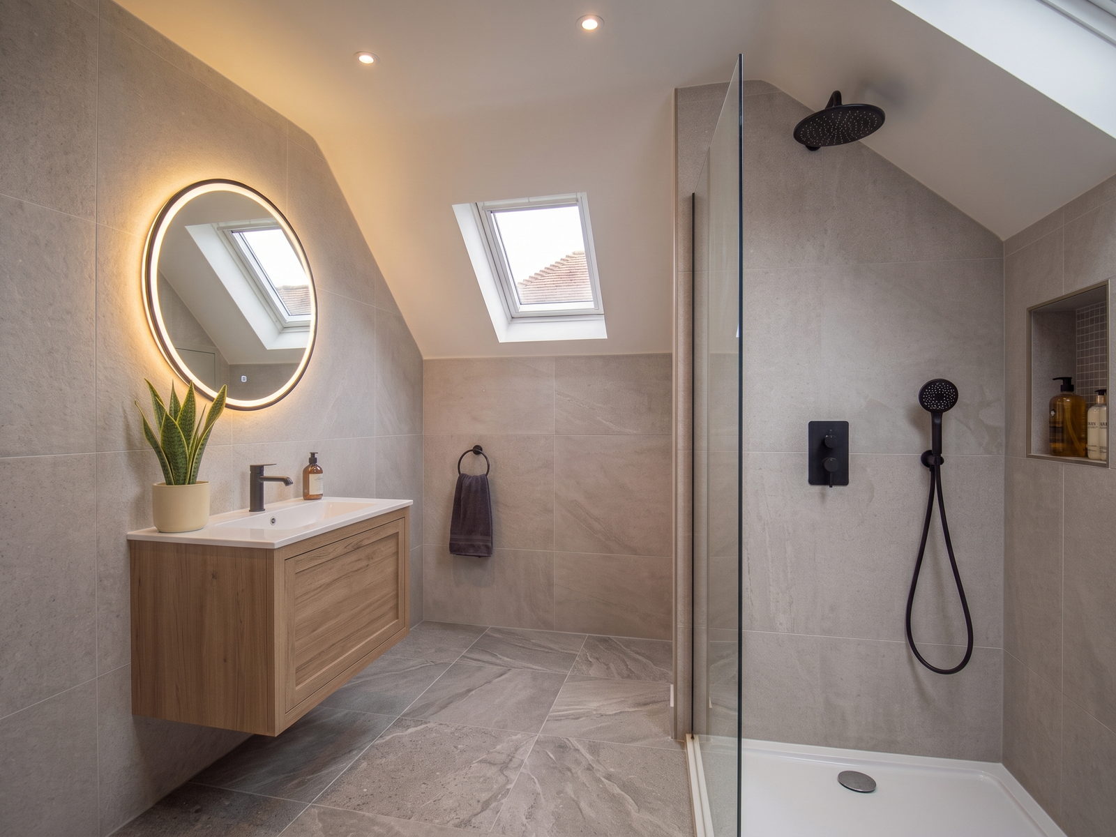A loft shower room with a walk in shower, wall hung vanity unit, tiled walls and two roof windows, built by LD&C Homes