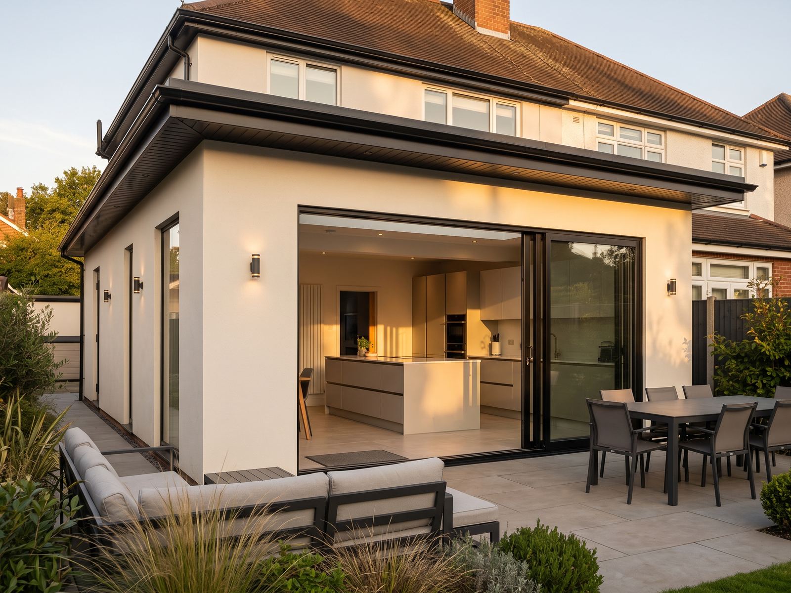 A side extension photographed at dusk with sliding doors open onto the terrace and an open plan kitchen lit inside, built by LD&C Homes